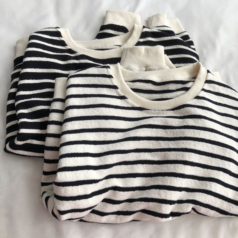 经典肌理纹早秋宽松条纹长袖套头卫衣女宽松休闲圆领外套BF风上衣