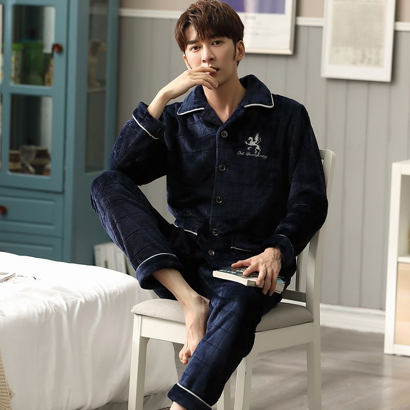 珊瑚绒男士睡衣秋冬季新款保暖休闲两件套男加绒加厚法兰绒家居服