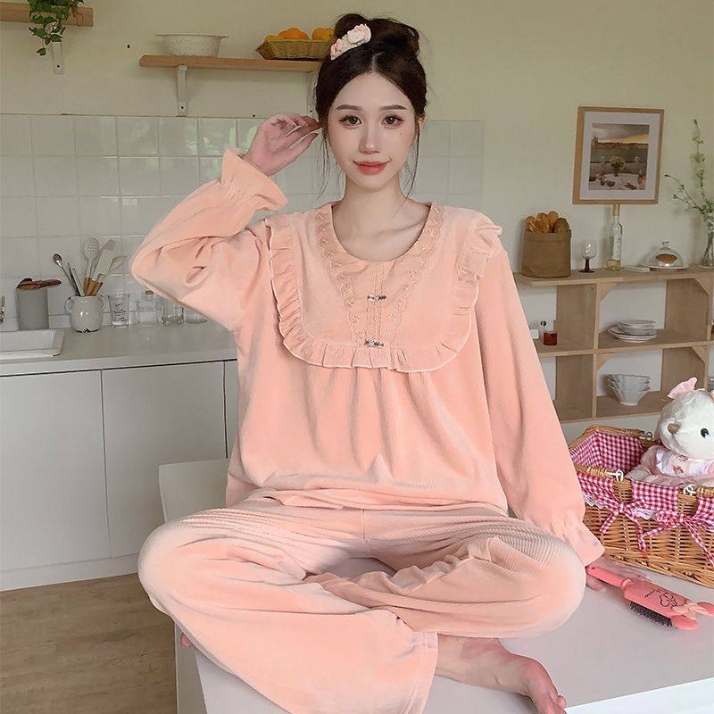 海岛绒加厚加绒睡衣女秋冬季长袖甜美宫廷公主风可外穿家居服套装