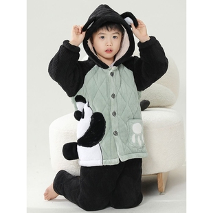 儿童睡衣冬季加厚款熊猫男童三层夹棉珊瑚绒男宝宝冬款加绒家居服
