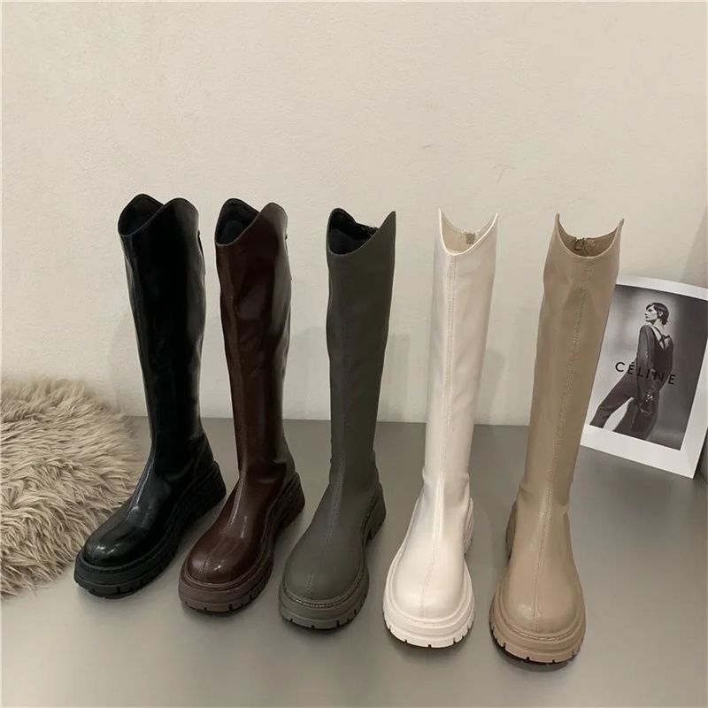 白色切尔西靴长筒骑士靴女新款马后拉链丁靴女鞋中筒高筒长靴