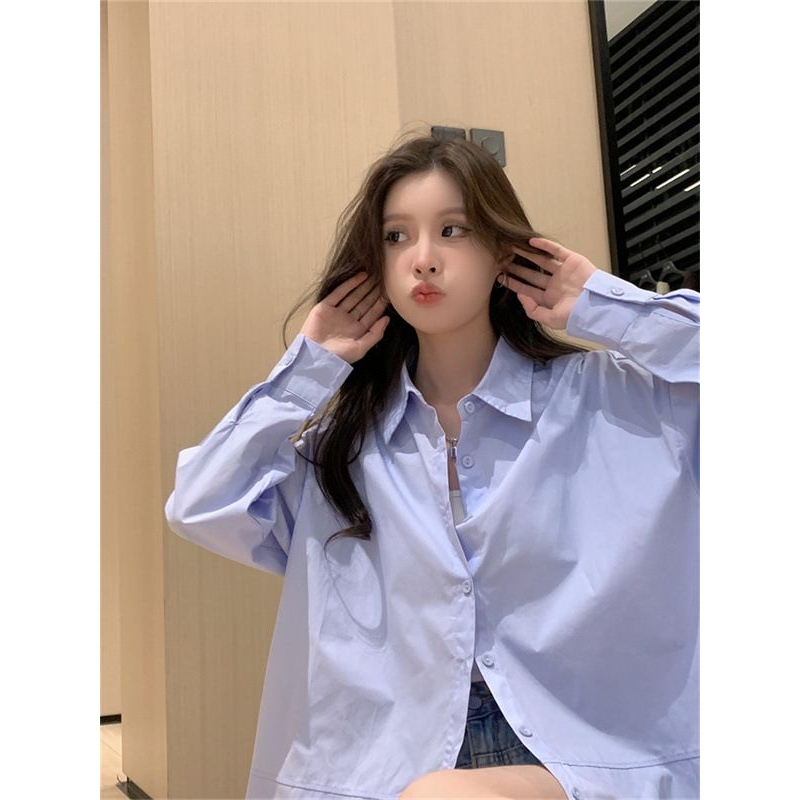 韩版宽松纯色衬衫女春秋百搭bf慵懒风衬衣休闲叠穿蓝色长袖上衣服