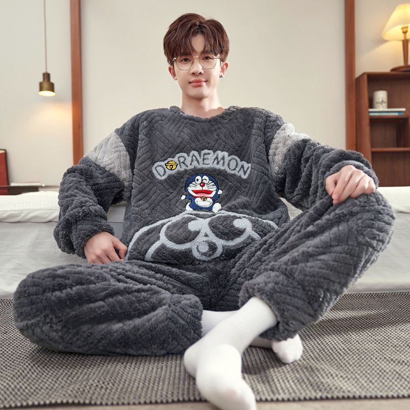 睡衣男珊瑚绒冬季加绒加厚款保暖高中学生青少年法兰绒家居服男孩