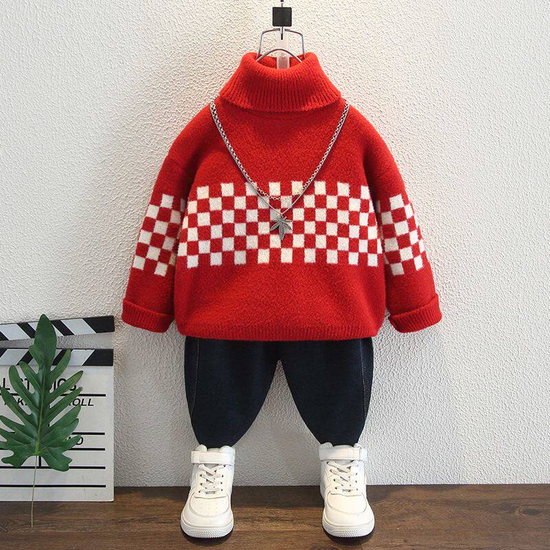 男童高领毛衣新款冬季加厚保暖儿童红色打底针织衫秋冬款小童