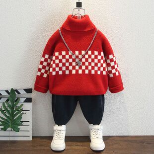 男童高领毛衣新款冬季加厚保暖儿童红色打底针织衫秋冬款小童