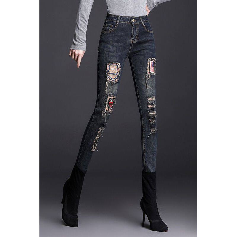 加绒加厚牛仔裤女秋冬新款百搭高腰修身显瘦刺绣弹力破洞小脚