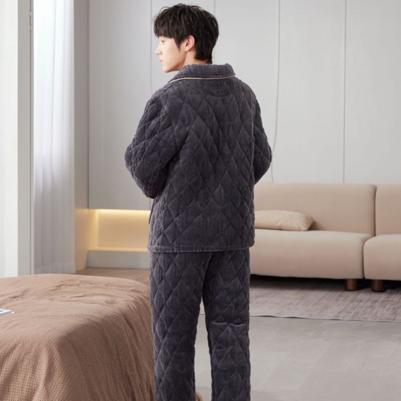 男士睡衣男冬季 加厚加绒珊瑚穿冬天保暖加大青年保暖内衣套装