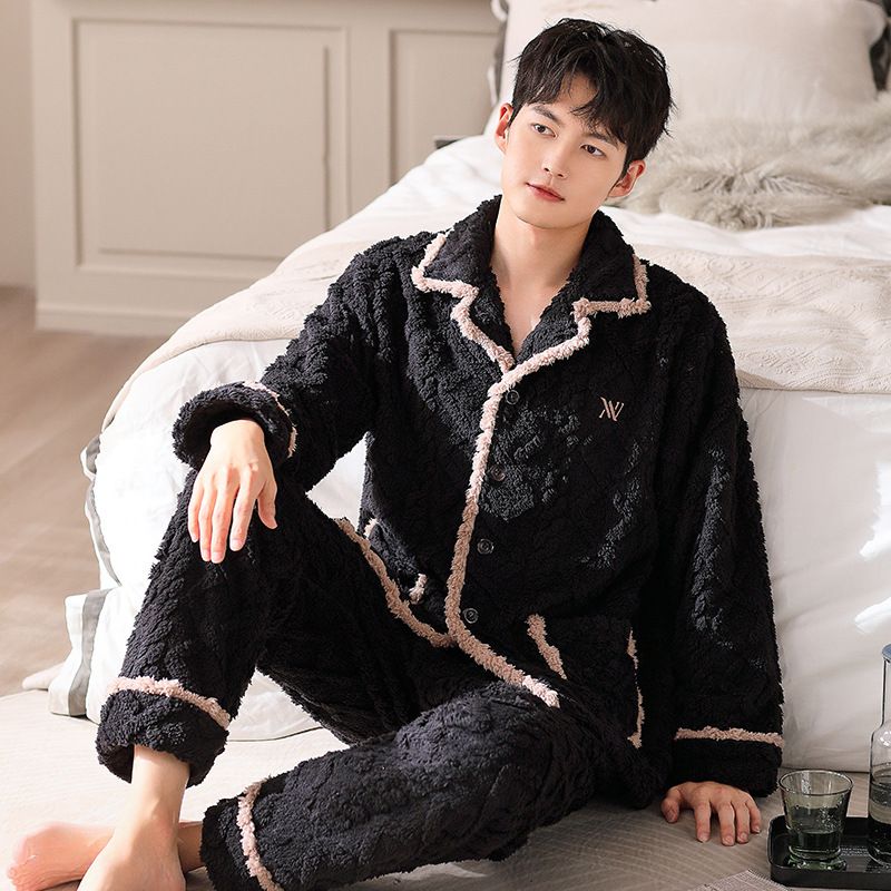 珊瑚绒睡衣男秋冬季加绒加厚法兰绒套装冬天可外穿家居服男款