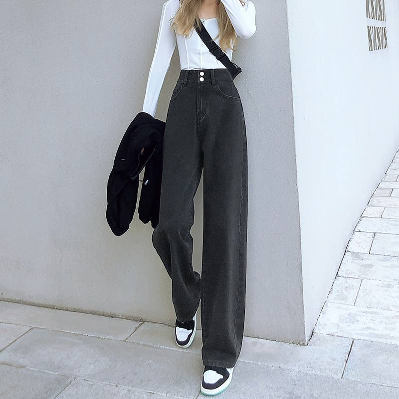 黑灰直筒牛仔裤女高腰宽松春秋韩版阔腿垂感2025年新款百搭拖地裤