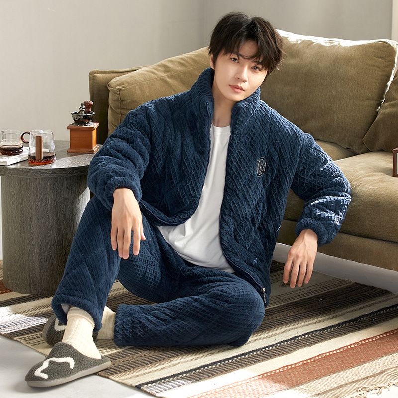 睡衣男冬季三层夹棉加厚珊瑚绒中青年宽松大码加绒保暖家居服套装
