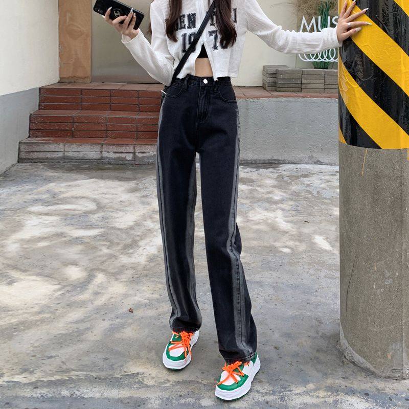 年秋冬新款黑色高腰百搭阔腿裤子设计感直筒宽松复古牛仔裤女