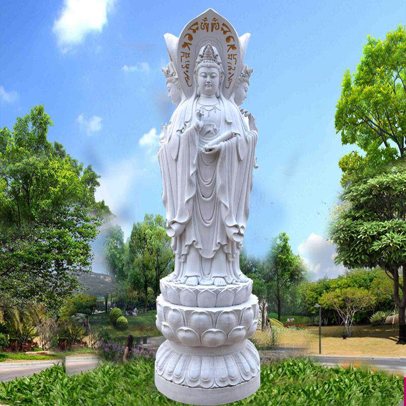 石雕观音佛像汉白玉三面观音雕像大理石寺庙祠堂观音菩萨雕像厂家