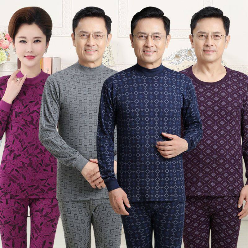 中老年人男士秋衣秋裤薄款中高领保暖内衣女全纯棉老人棉毛衫套装