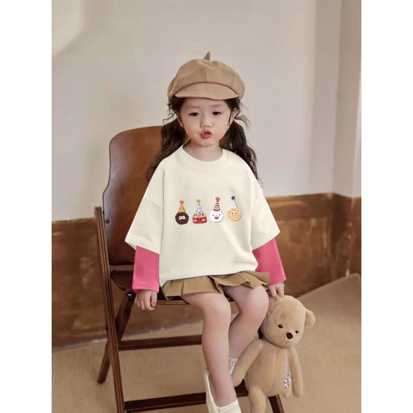 女童长袖T恤2025春秋新款儿童假两件t恤中大童百搭韩版外穿打底衫