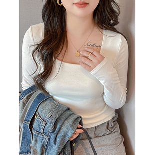 严选大码方领长袖打底衫女春秋新款内搭修身设计感可外穿上衣t恤