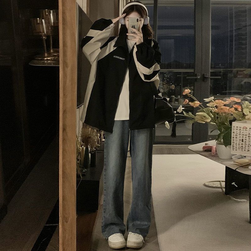 美式拼接冲锋衣外套女2025春秋新款宽松显瘦学生户外登山夹克