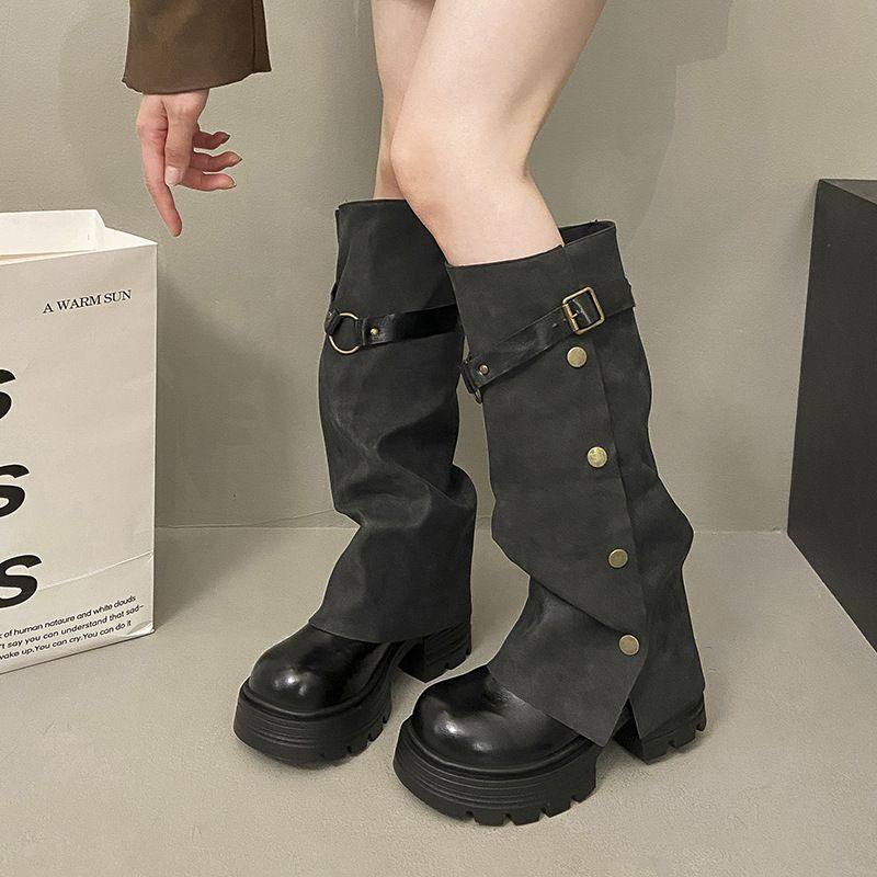 英伦风不过膝复古美拉德增高长筒靴女2025秋冬新款胖MM时装裤管靴,女鞋,骑士靴,淘宝优惠券,粉丝福利购,淘宝优惠卷