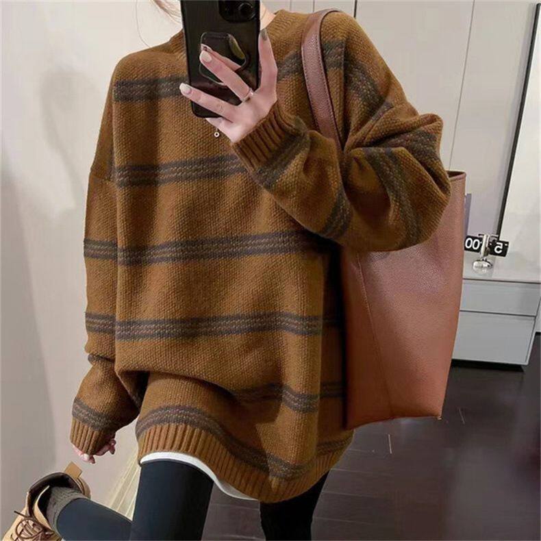 复古拼色条纹针织衫套头毛衣女秋冬新款慵懒风宽松通勤百搭上衣潮