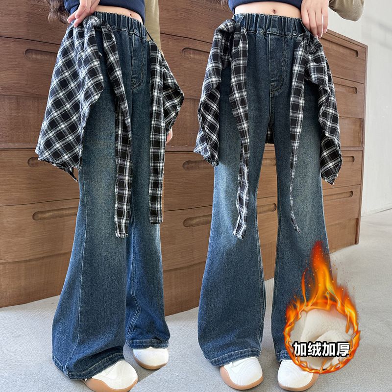 女童牛仔裤秋冬2025新款洋气儿童时髦屁帘喇叭裤女大童一体绒裤子