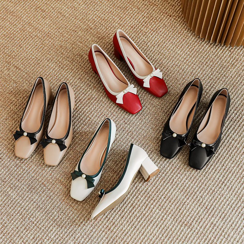 玛丽珍小皮鞋粗跟单鞋拼色蝴蝶结赫本风方头高跟鞋通勤春季女