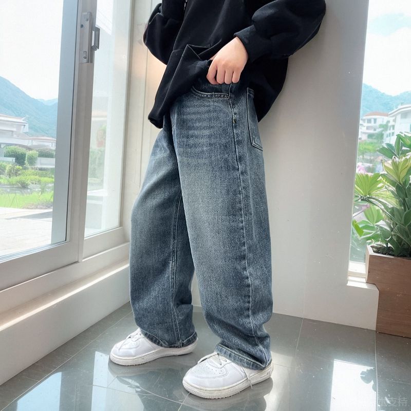 男童加绒牛仔裤秋冬新款中大童水洗软牛仔直筒阔腿韩版长裤潮