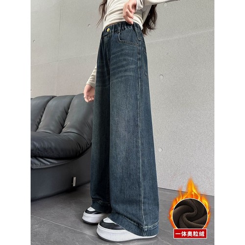 女童加绒阔腿裤秋冬2025新款中大童秋装直筒裤洋气时髦牛仔裤