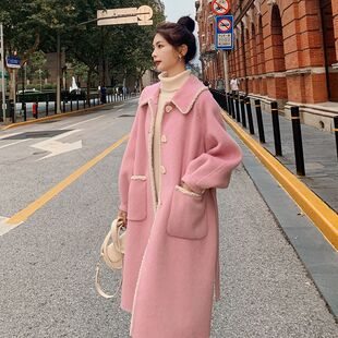 实拍粉色毛呢外套女中长款冬季新款感赫本风韩系温柔大衣