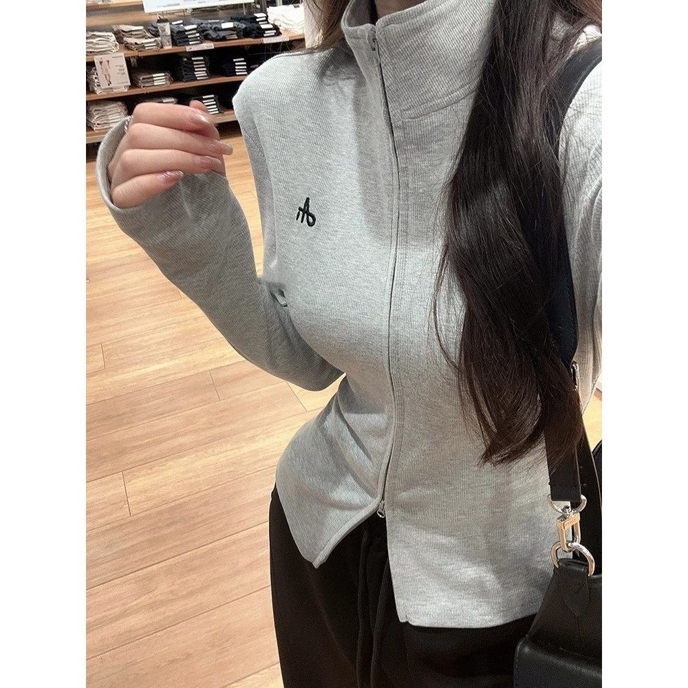 灰色立领拉链开衫休闲卫衣外套女春秋新款小众设计感修身上衣,女装/女士精品,常规大码外套,淘宝优惠券,粉丝福利购,淘宝优惠卷