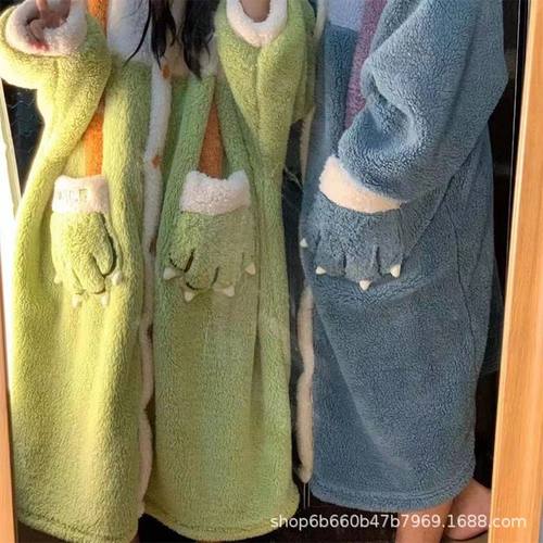 怪兽大学情侣睡衣女秋冬季珊瑚绒加绒加厚睡袍男长款可外穿