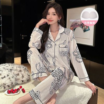 秋冬季保暖带胸垫金丝绒睡衣女加绒加厚网红风家居服冬天三件套装