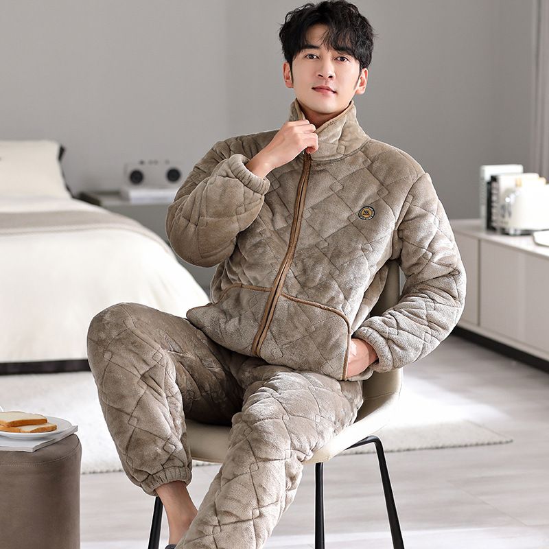 睡衣男冬季加厚加绒珊瑚绒套装夹棉保暖拉链家居服大码新款