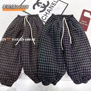 新款加绒裤子儿童秋冬时髦洋气格子宽松保暖裤男女童冬天卫裤