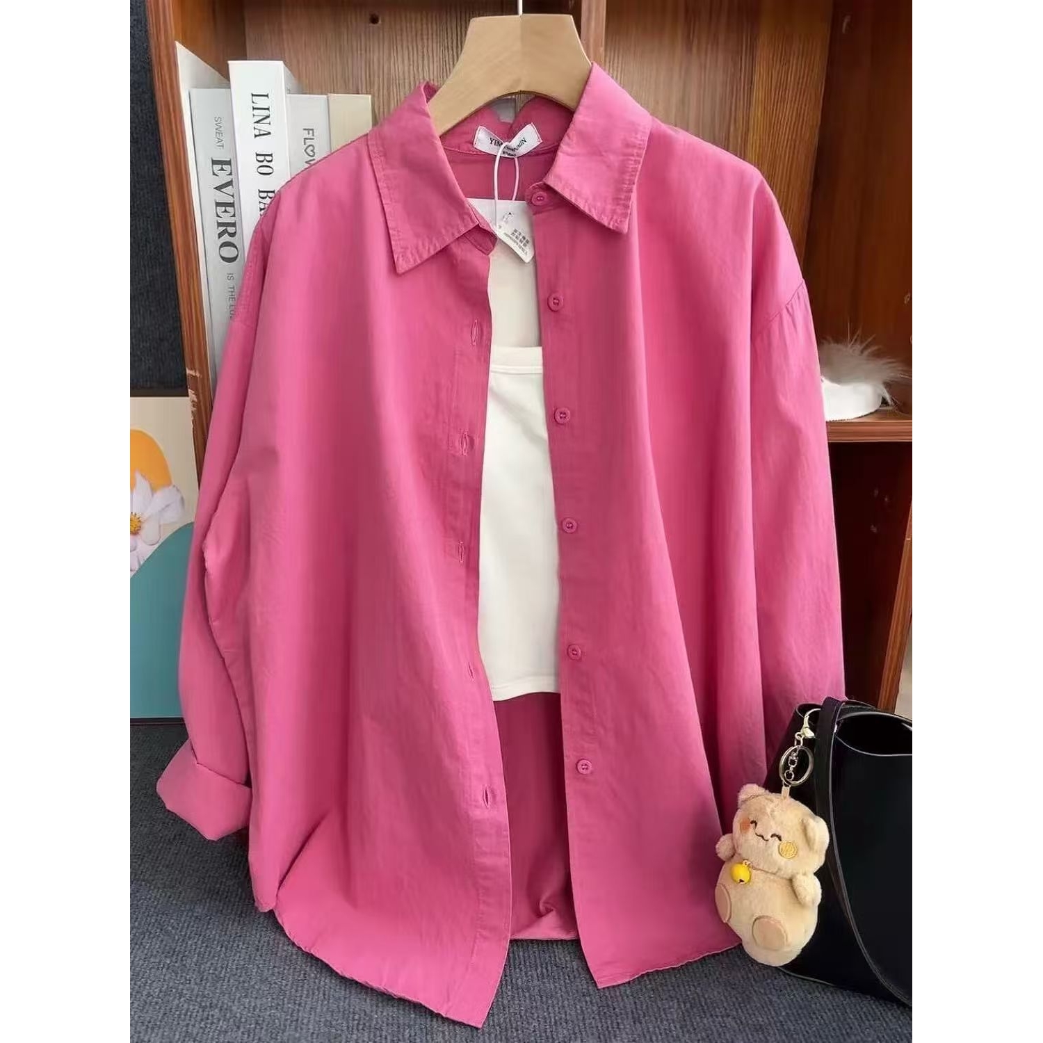 美式复古玫红色设计感长袖衬衣女秋夏季新款宽松休闲防晒衬衫