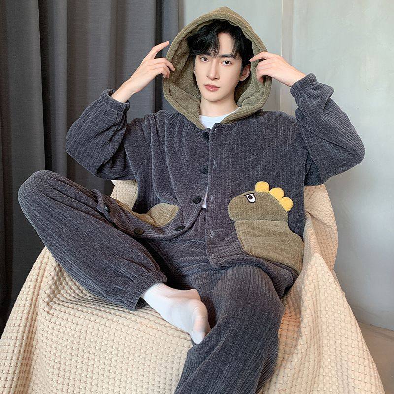 睡衣男冬季加厚加绒青少年加肥加大码珊瑚绒秋冬款连帽家居服套装