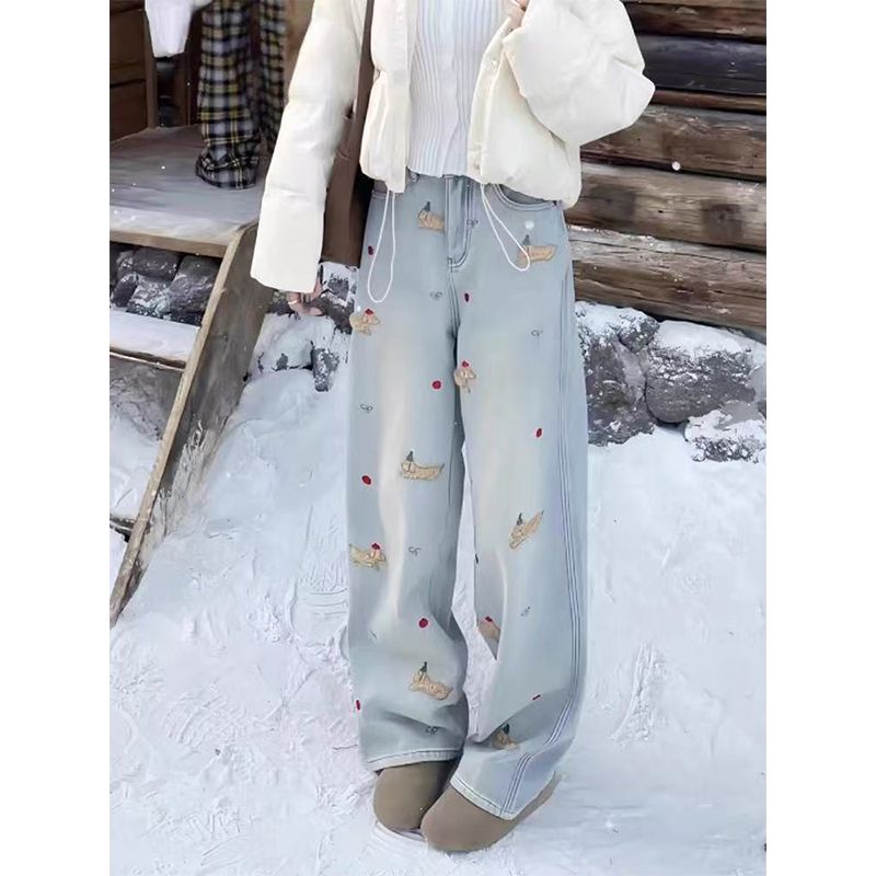 大码加绒加厚牛仔裤女秋冬胖mm梨形身材宽松高腰显瘦直筒阔腿裤子