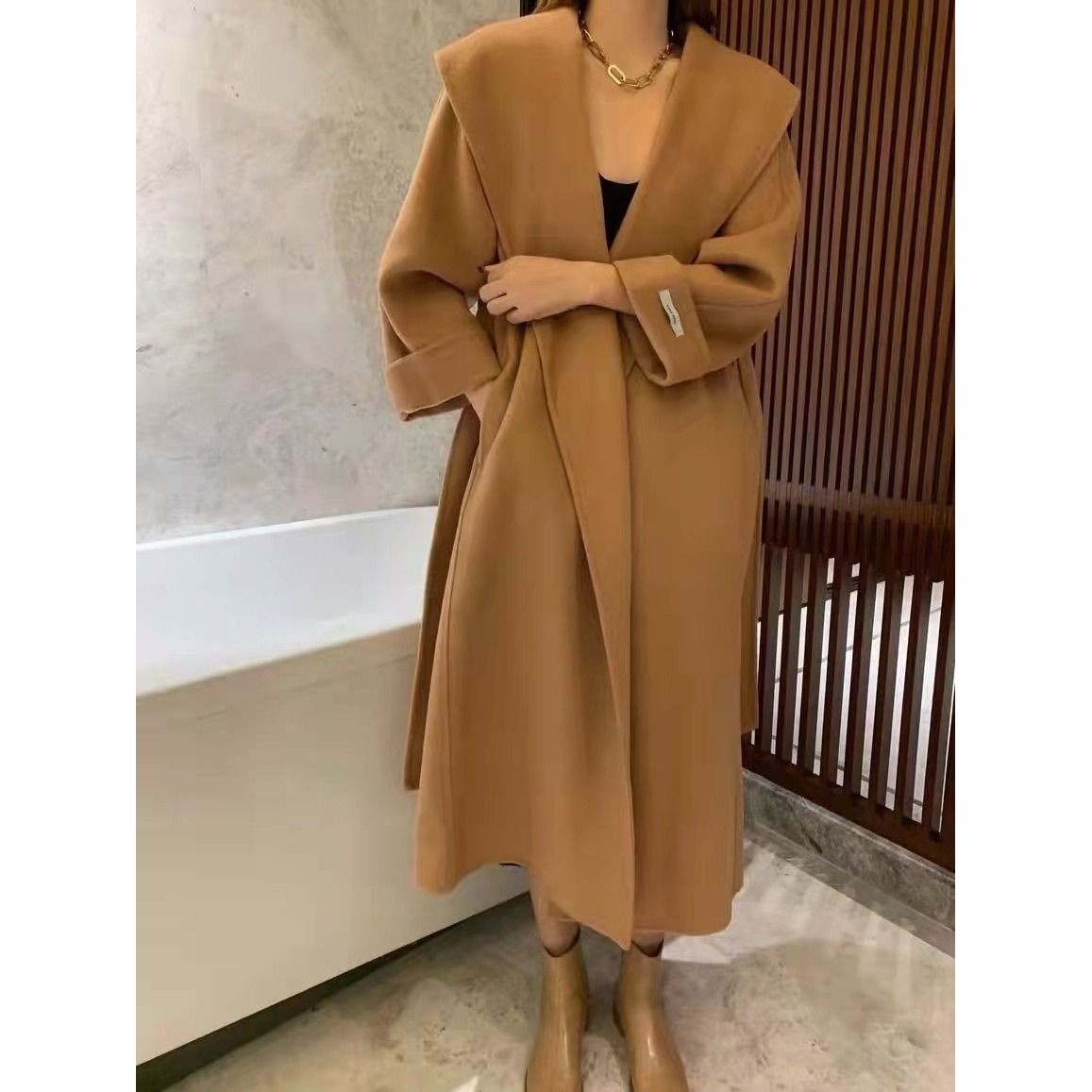 新款双面羊毛绒大衣女 气质长款腰带大领子宽松羊毛双面毛呢外套