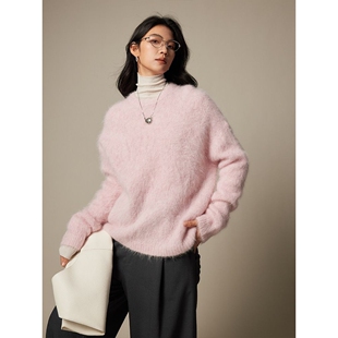 巨仙美 长绒拉毛粉色羊驼毛毛衣女装25新款宽松针织衫秋冬上衣女
