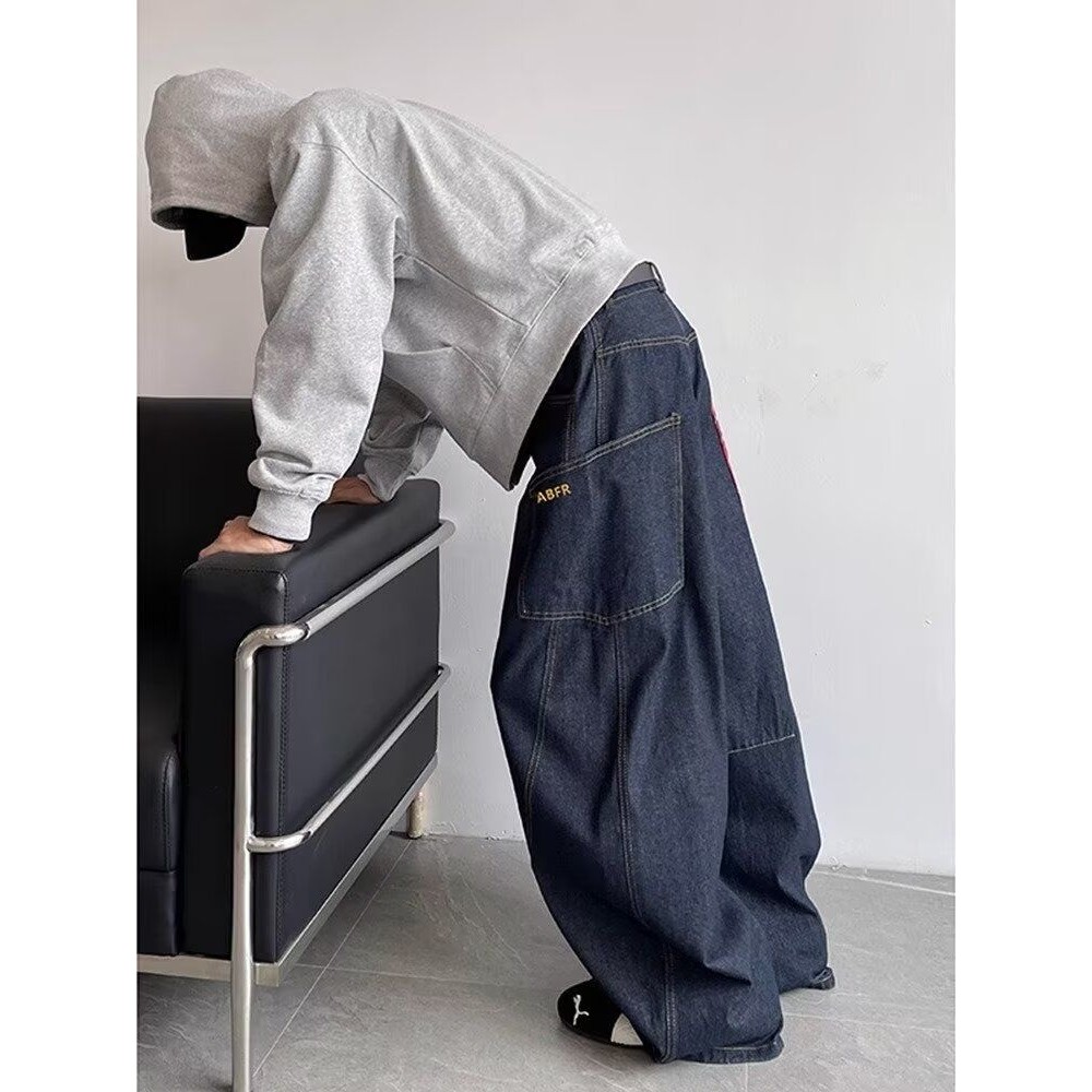 美式复古格子拼接卷边牛仔裤男秋季大码设计感慵懒松弛感阔腿长裤