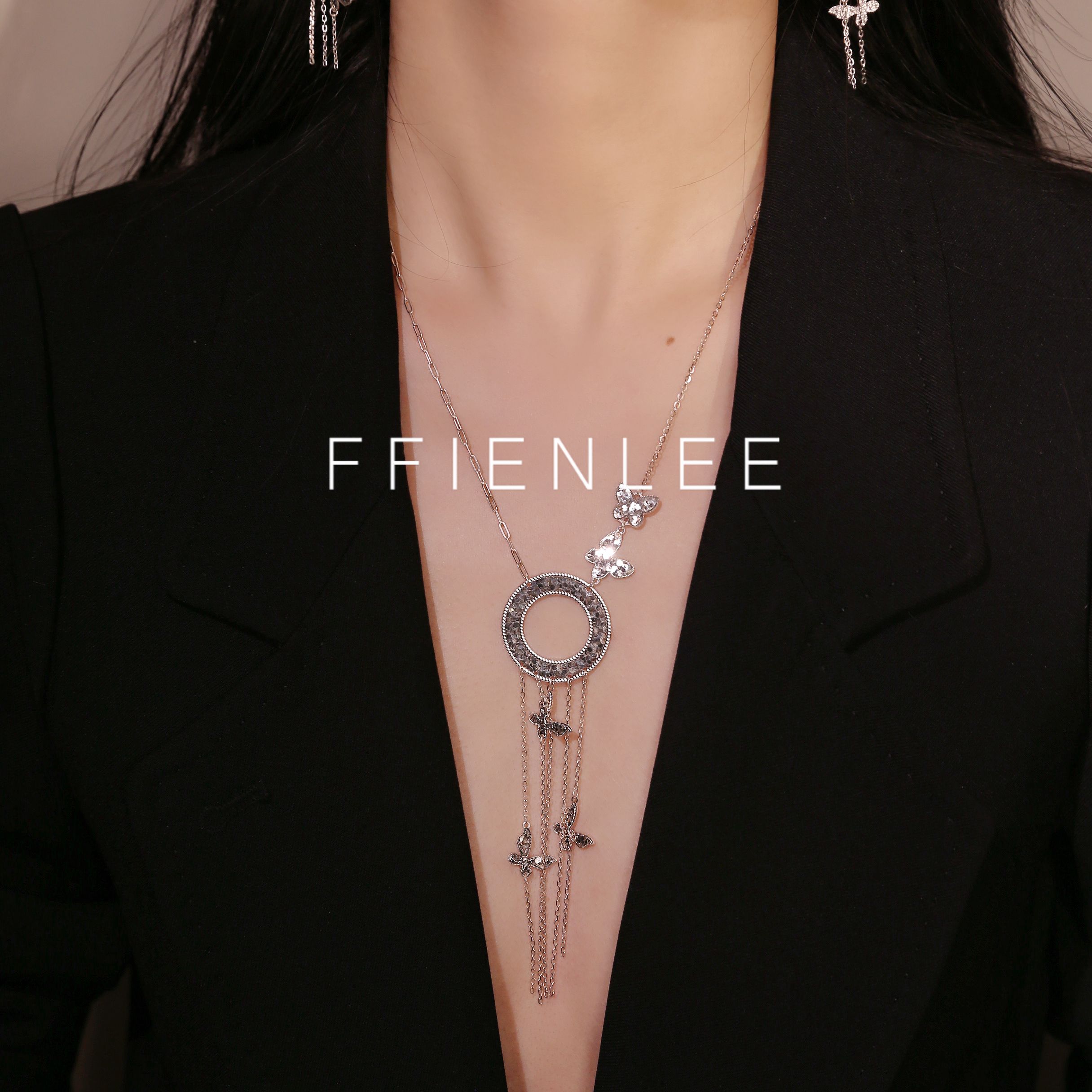 坠链均925银 雨中森林  CNC长款流苏锁骨链超闪蝴蝶流苏项链