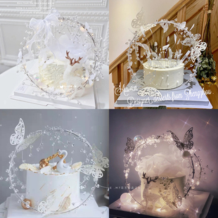 仙气网红女生水晶珠子圆环生日蛋糕装饰摆件铁艺花环蝴蝶烘焙插件