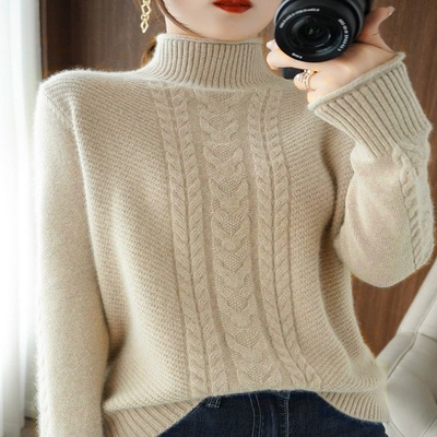 2025秋冬新款宽松显瘦毛衣女半高领麻花纯色套头针织加厚毛线上衣