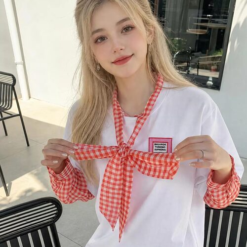甜美小众格纹拼接宽松衬衫女
