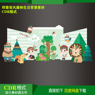 印第安大森林宝宝百天生日派对迎宾牌背景KT板喷绘设计素材CDR文