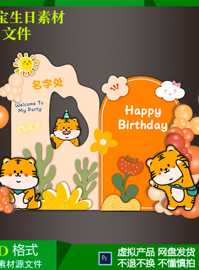 虎宝宝宴男孩百天周岁橙色生日气球派对布置背景设计素材psd文件