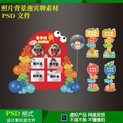 彩色卡通蛇宝宝满月百天周岁生日宴照片墙背景迎宾牌设计psd素材