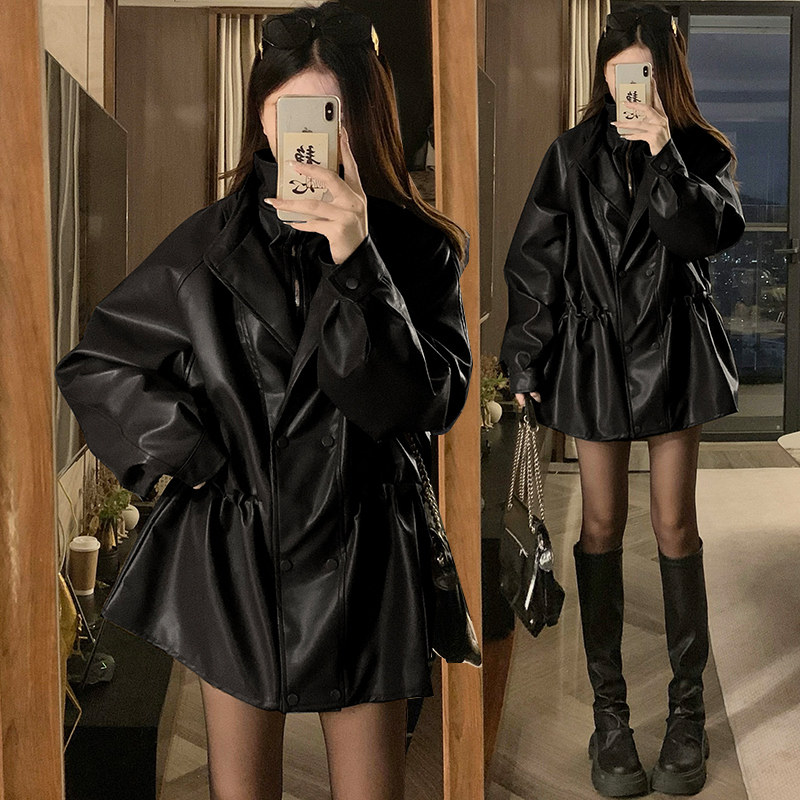 双层领抽褶收腰中长款PU皮衣女外套2025秋机车复古宽松夹克潮女