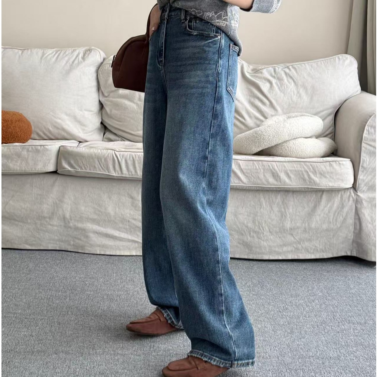 春秋显瘦潮牌女装牛仔裤秋冬韩版直筒磨白简单百搭阔腿裤25080646