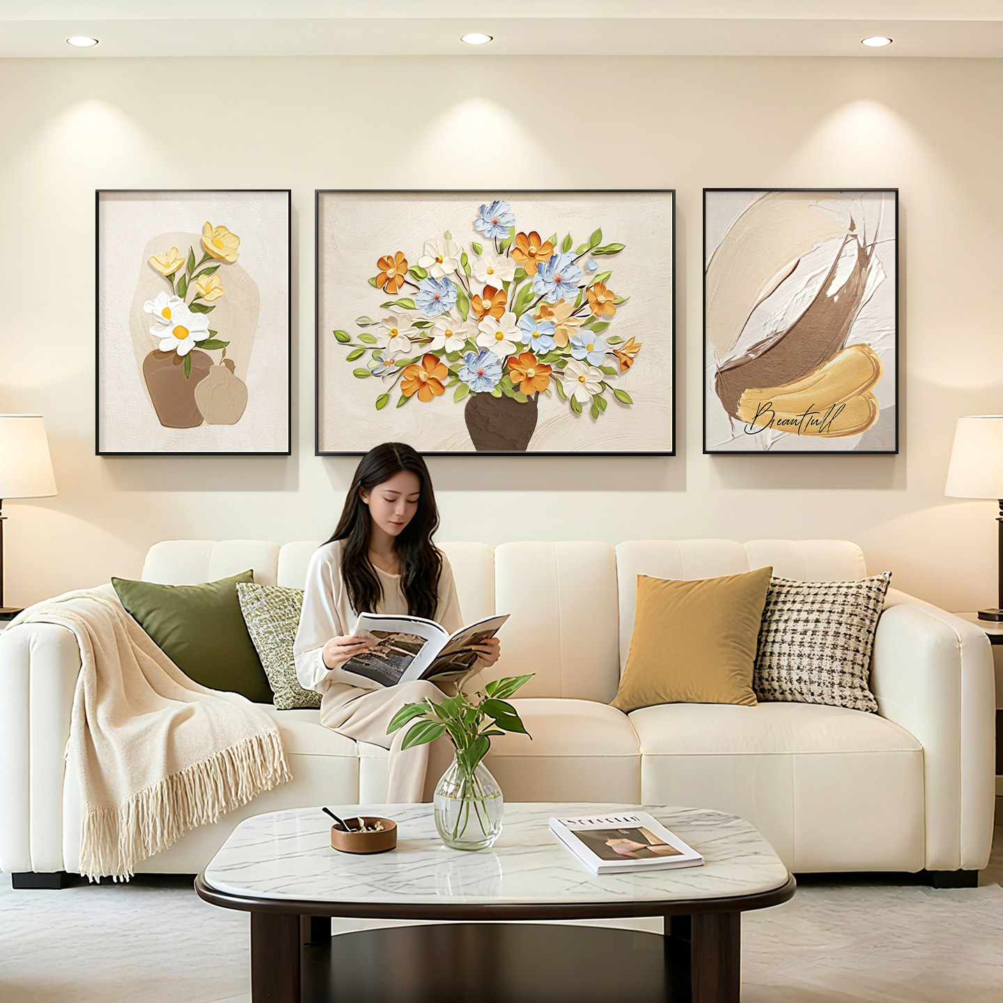 奶油风客厅三联装饰画小清新花卉餐厅壁画现代简约沙发背景墙挂画