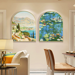 莫奈睡莲餐边柜装 客厅复古摆台画 饰画餐厅卧室拱形挂画轻奢法式