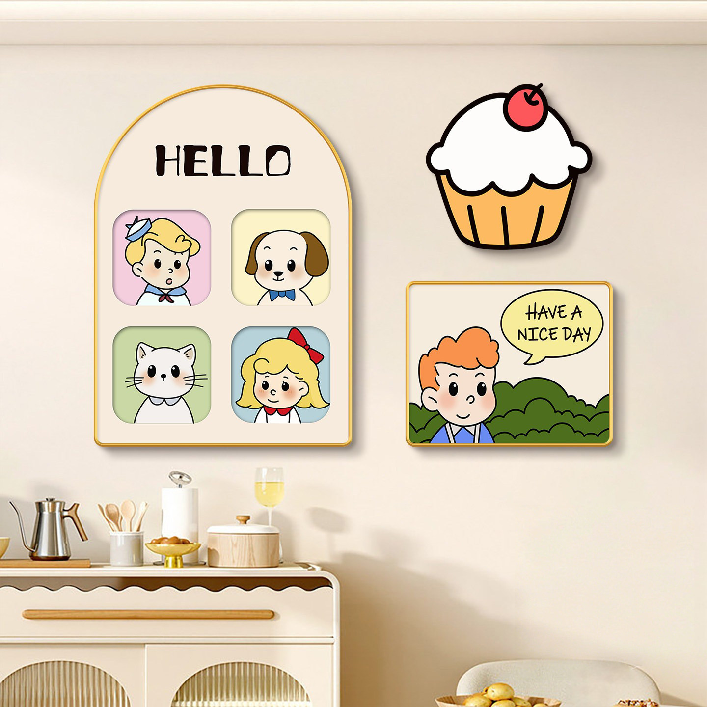 原田治多巴胺餐厅装饰画奶油风饭桌背景墙面挂画小众卡通组合壁画